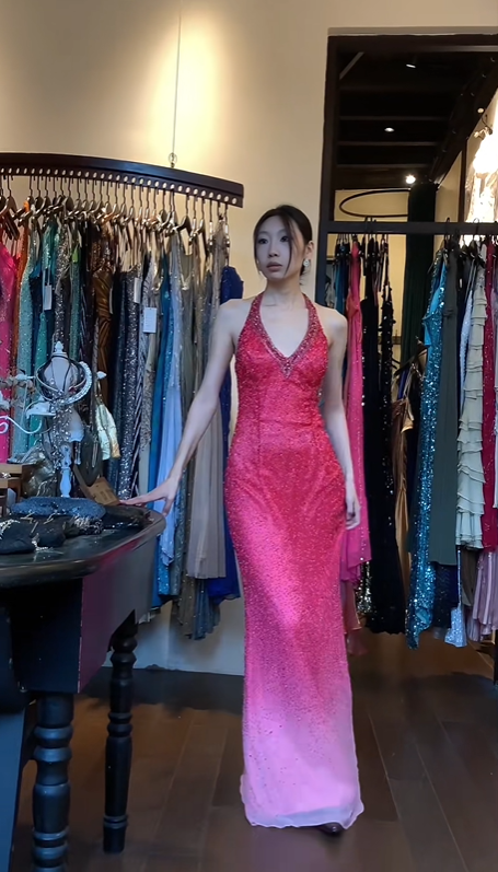 Halter V Neck Ombre Fuchsia Pink Evening Gown All Over Beaded Rhinestone Mermaid Long Prom Dress gh9686