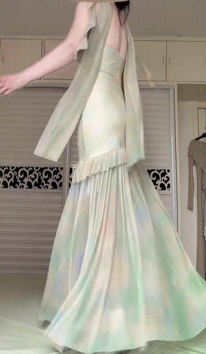 Pastel Tie‑Dye Spaghetti Strap Long Evening Gown, Asymmetrical Ruffle Chiffon Formal Prom Dress gh9029