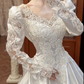 Ivory Vintage Satin Beaded Lace Ball Gown Wedding Dress, Puff Long Sleeve Bridal Prom Dress gh8725