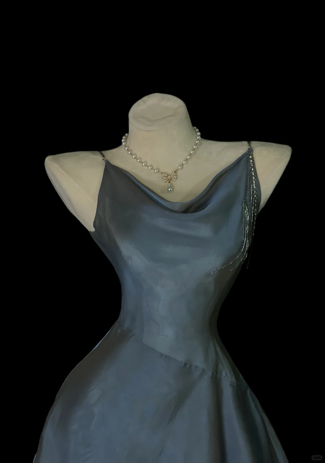 Dusty Blue Satin Slip Midi Gown, Cowl Draped Neckline, One‑Shoulder Tassel Rhinestone Fringe Detail, High Fitted Waist, Asymmetrical Tiered Flowy Midi Skirt, Retro Cold‑Tone Prom Evening Photoshoot Dress gh8872