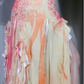 Deep V Halter Chiffon Evening Dress, Pink Orange Gradient Watercolor Print Irregular Ruffle High Slit Formal Gown gh9897