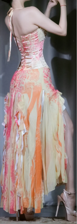 Deep V Halter Chiffon Evening Dress, Pink Orange Gradient Watercolor Print Irregular Ruffle High Slit Formal Gown gh9897