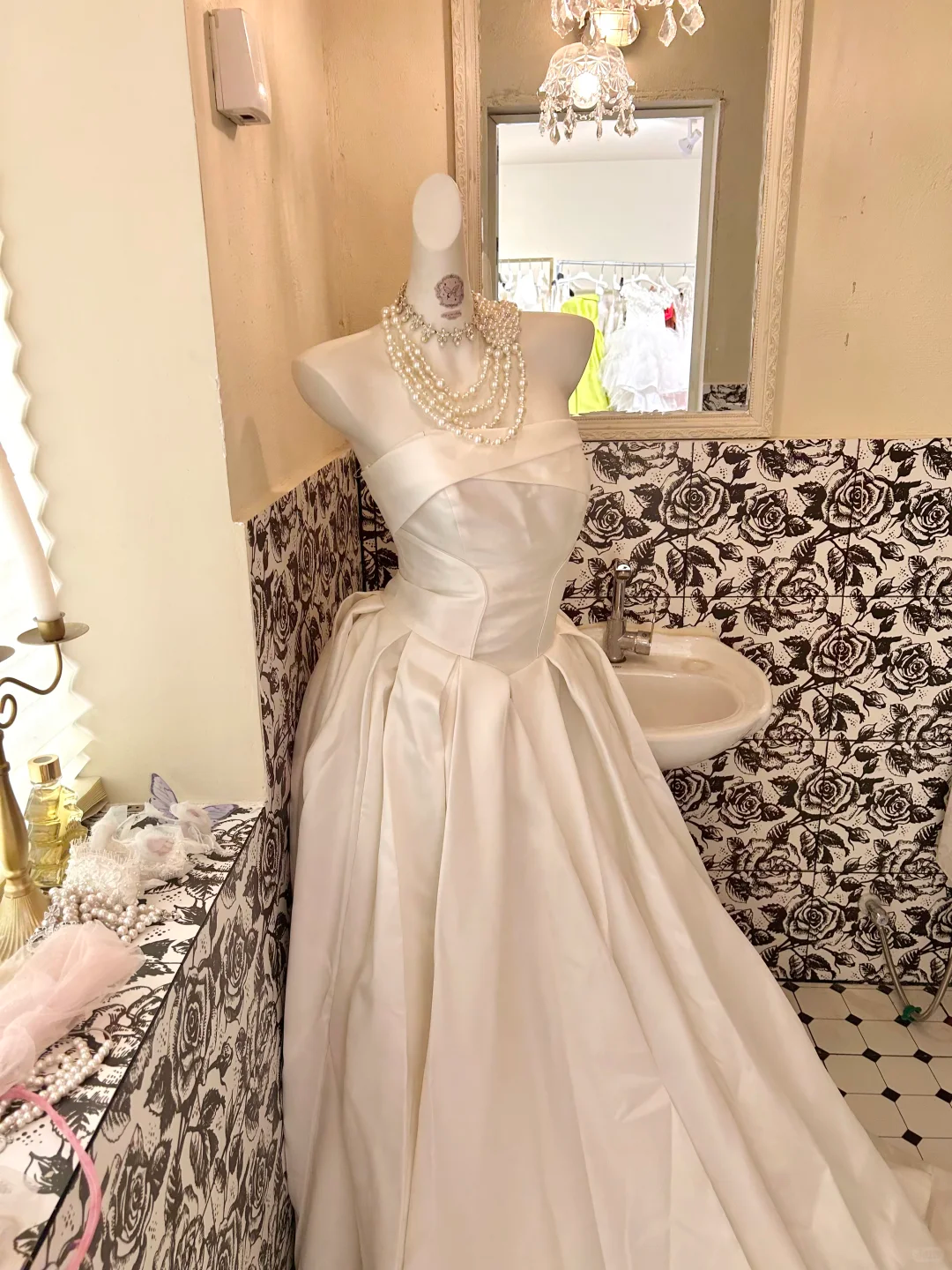 White Satin Strapless Cinched Waist Full Flared Skirt Long Elegant Romantic Dress, Wedding Gown gh7814
