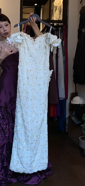 Ivory Off Shoulder 3D Floral Sequin Beaded Mermaid Long Evening Prom Dress gh9767