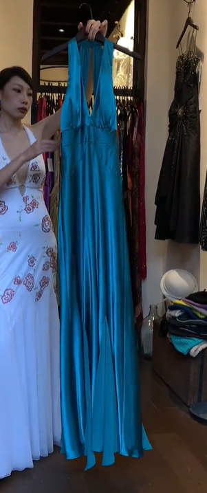 Turquoise Halter Deep V Satin Open Back Flowy A-Line Long Evening Prom Dress gh9797