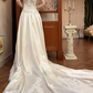 Cream‑Gold Vintage Satin Wedding Gown, V‑Neck Off‑The‑Shoulder Fold‑Over Cape Short Sleeves, Ornate Lace Appliqué Embroidery Bodice, Pointed Waist, A‑Line Long Train With Lace Hem, Prom Dress gh8640