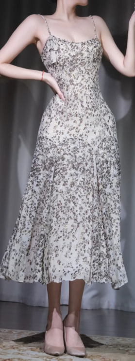 Spaghetti Strap Floral Midi Evening Dress, Ditsy Print Chiffon Bridesmaid Gown gh9908