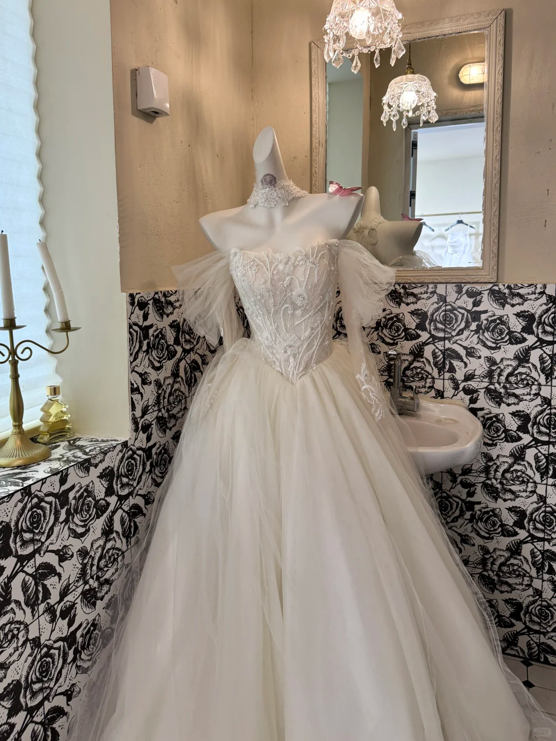 Ivory Off-the-Shoulder Waist-Cinched Full Flared Skirt Soft Elegant Romantic Dress, Wedding Gown gh7621