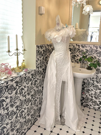 White Off Shoulder Lace Trim Neck Waist-Cinched Slit Sexy Romantic Dress, Wedding Gown gh7675