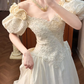 Cream Vintage Satin Ball Gown, Sweetheart Neck Puff Short Sleeves With 3D Floral Accents, Heavy Lace Beaded Appliqué Pointed Waist, Voluminous Full Skirt With Scalloped Lace Hem, Wedding Prom Dress gh8637