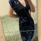 Sexy Navy Blue Vintage Pattern Fitted Waist Slim Bodycon Prom & Evening Party Dress gh8468