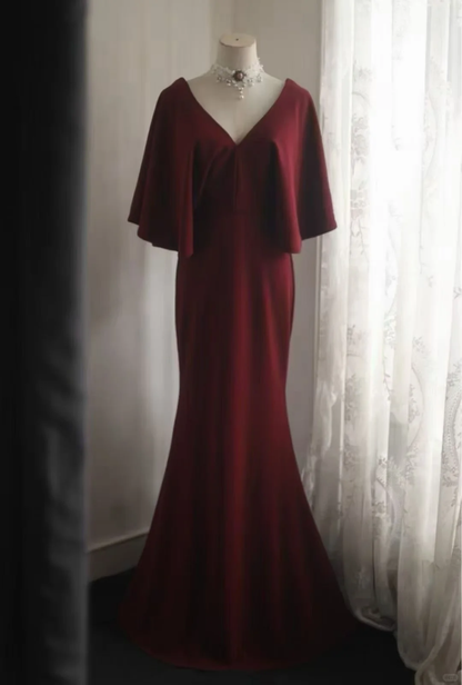 Burgundy V‑Neck Mermaid Evening Gown, Cape Flutter Sleeves Fitted Long Mermaid Formal Party Dress gh9104