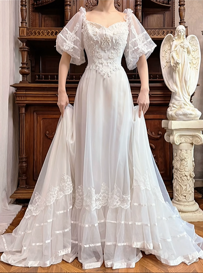 Ivory Vintage Tulle Wedding Gown, Sweetheart Neckline, Ruffle Puff Short Sleeves With Lace Appliqués, Fitted Lace Bodice, Multi‑Ribbon Trim Tulle Long Train Prom Dress gh8632