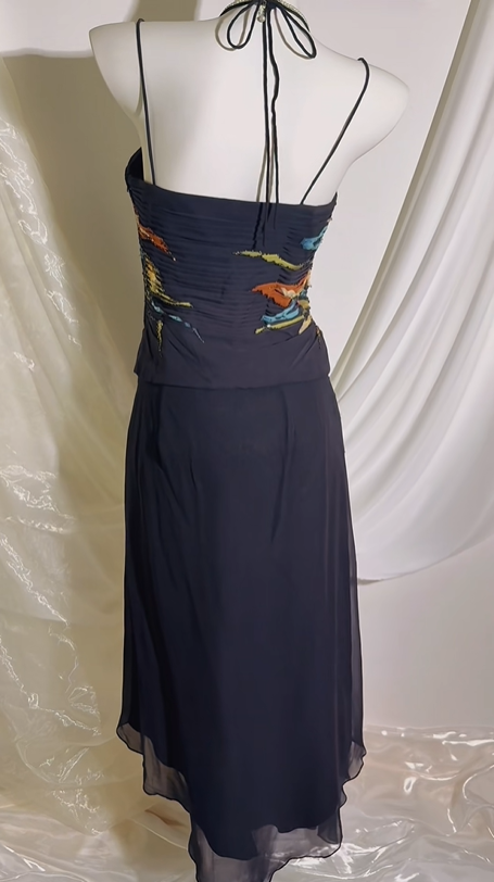 Vintage Black Halter Spaghetti Strap Prom & Evening Party Outfit, Printed Top Matching Fitted Bodycon Skirt Two-Piece Set gh8545