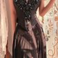 Black V-Neck Spaghetti Strap Long Evening Gown, Corset Bodice Floral Beaded Prom Dress gh9288