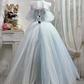 Light Ice Blue Tulle Long Evening Gown, Off Shoulder Puff Sleeve Heavy Beaded Rhinestone Princess Prom Dress gh9273