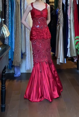 Red Satin Mermaid Evening Gown Wide Straps Heart Beaded Sheer Mesh Prom Dress gh9633