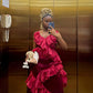 Rot Mode Elegante Lange Samt Satin Spleißen Rüschen Ballkleid Abendkleid Party Kleid gh3250