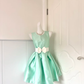 Mint Green Satin Sleeveless Short Cocktail Dress, Lace Trim Round Neck White Rhinestone Bow Sash High‑Waist A‑Line Mini Homecoming Gown gh9157