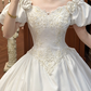 White Satin Vintage V‑Neck Puff Short Sleeve 3D Floral Lace Beaded Fitted Waist Full Flared Lace‑Hem Long Prom Gown, Wedding Dress gh8615