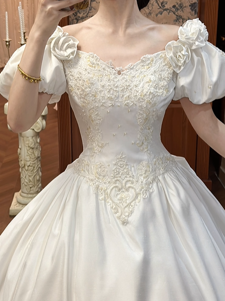 White Satin Vintage V‑Neck Puff Short Sleeve 3D Floral Lace Beaded Fitted Waist Full Flared Lace‑Hem Long Prom Gown, Wedding Dress gh8615