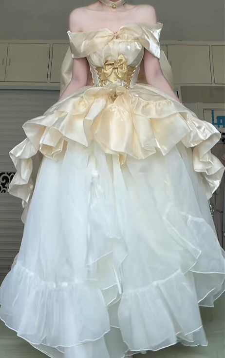 Light Gold Off‑Shoulder Ball Gown, Corset Bodice With 3D Bows, Multi‑Layer Ruffled Satin & Tulle Voluminous Skirt, Princess Formal Dress gh8937