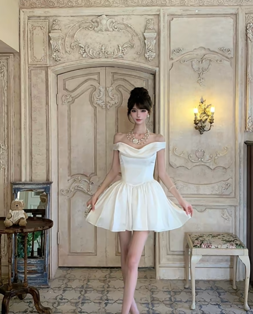 White Satin Off The Shoulder Short Homecoming Dress Draped Neck Mini Prom Gown gh9404