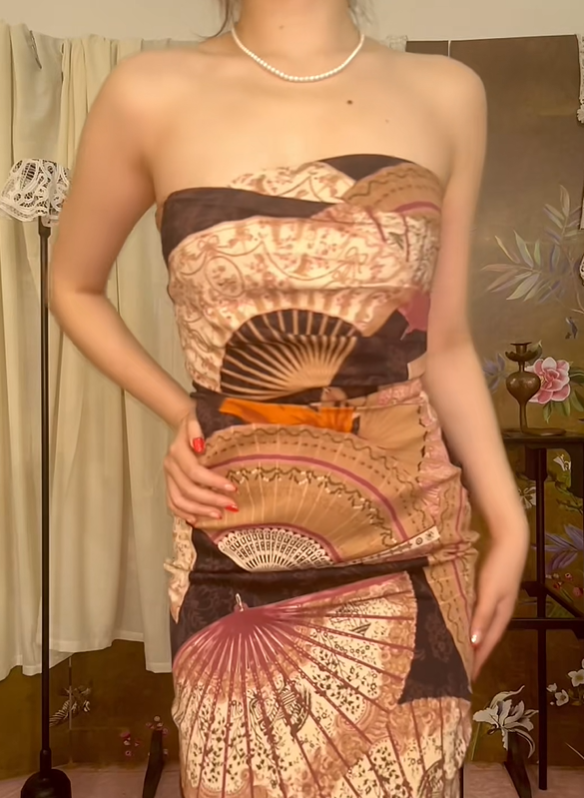 Brown Tone Vintage Floral Strapless Fitted Waist Bodycon Sexy Prom & Evening Party Dress gh8405