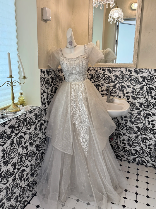 Ivory Puff Sleeve Square Neck Sequin Waist-Cinched Voluminous Skirt Romantic Dress, Wedding Gown gh7595