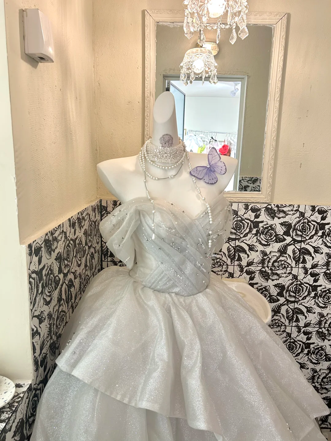 Light Grey Off-the-Shoulder Cinched Waist Tiered Skirt Long Romantic Dress, Wedding Gown gh7785