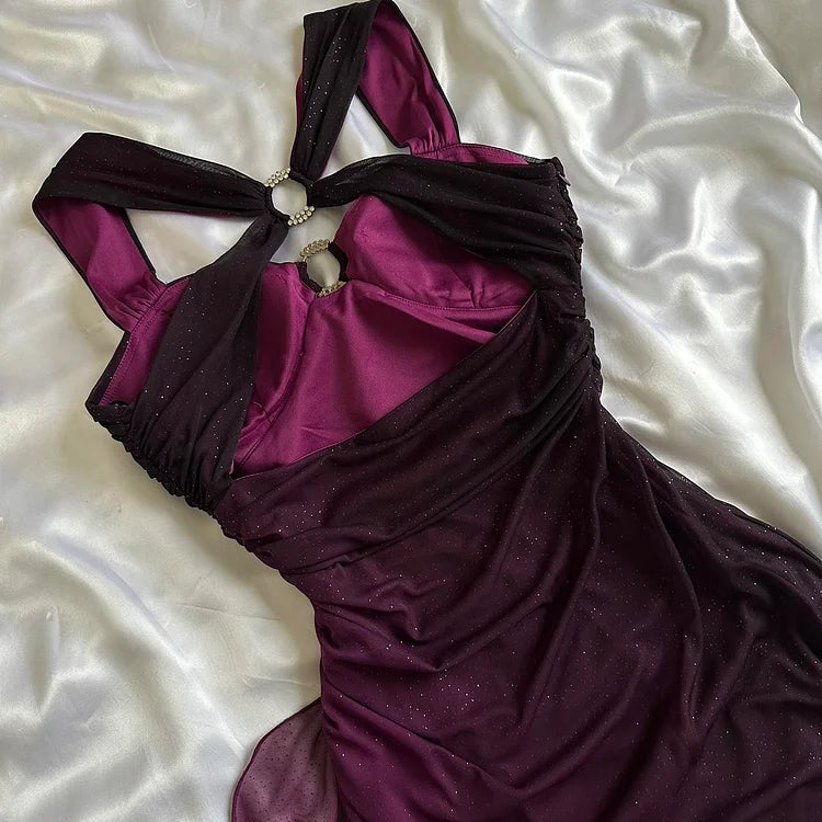 Robe de soirée longue en tulle violet brillant et élégant avec bretelles dégradées gh3203