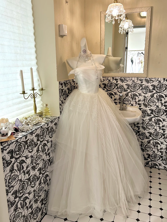Ivory Strapless Waist-Cinched Voluminous Princess Skirt Long Romantic Dress, Wedding Gown gh7720