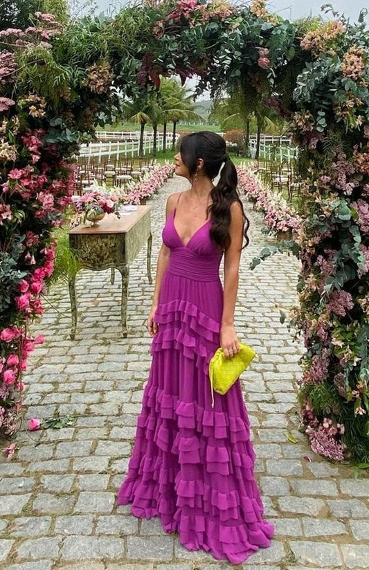 Lila Neue Mode V-ausschnitt Spaghetti Strap Lange Rüschen Chiffon Ballkleid Abendkleid Hochzeit Gast Kleid gh3482