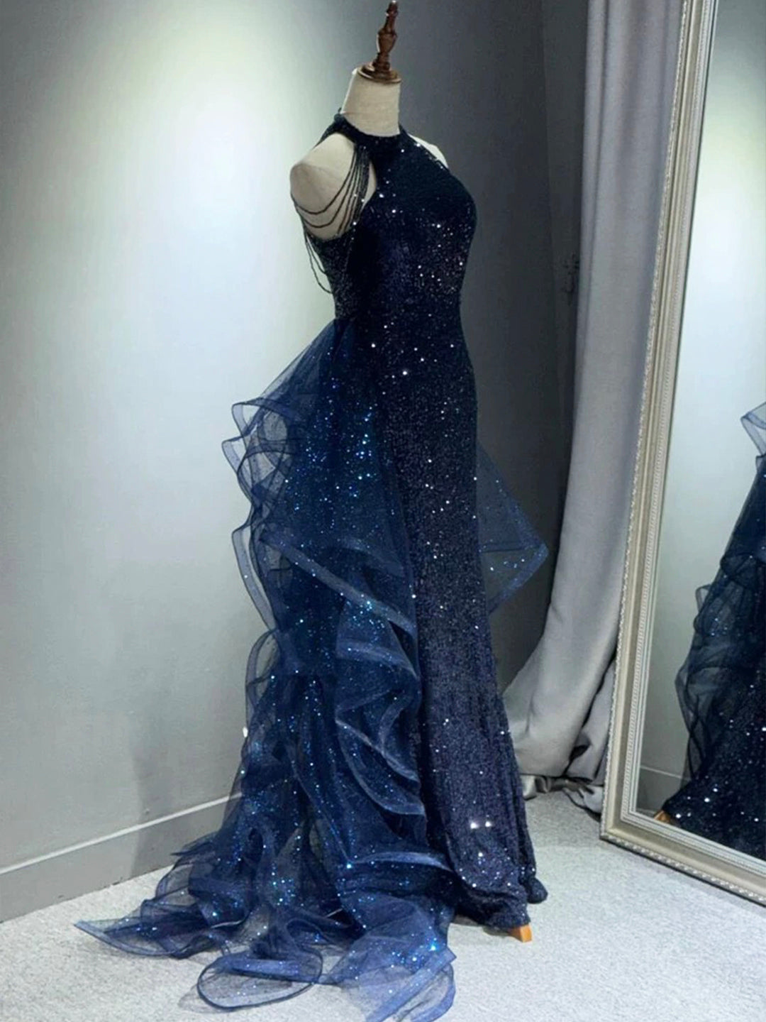 Burgund/Schwarz/Blau Glänzendes, figurbetontes, langes, elegantes Ballkleid mit Pailletten, Abendkleid gh3058