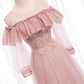 Pink tulle lace long prom dress evening dress  8349
