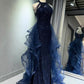 Burgund/Schwarz/Blau Glänzendes, figurbetontes, langes, elegantes Ballkleid mit Pailletten, Abendkleid gh3058