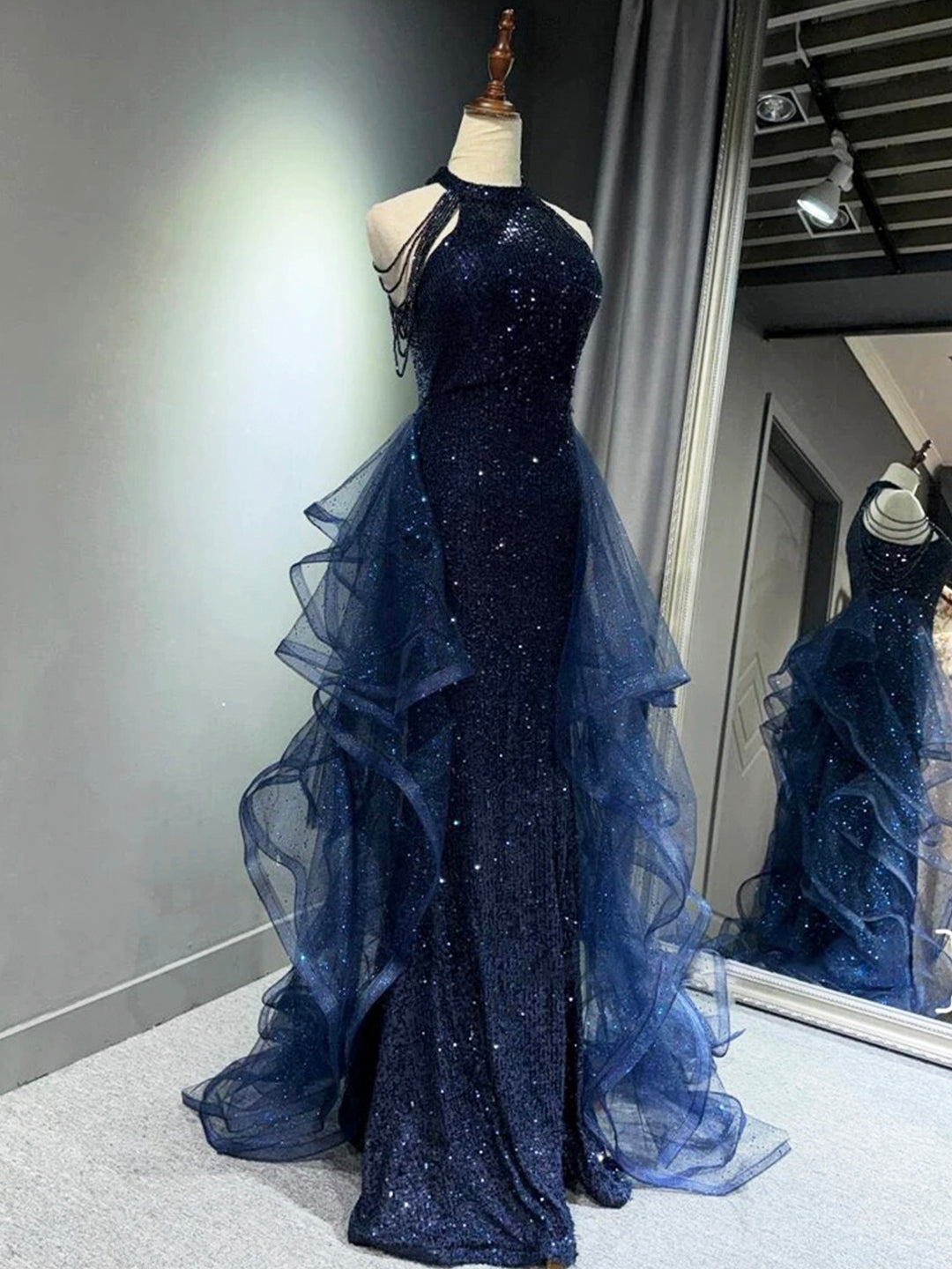 Burgund/Schwarz/Blau Glänzendes, figurbetontes, langes, elegantes Ballkleid mit Pailletten, Abendkleid gh3058