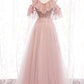 Pink tulle lace long prom dress evening dress  8349