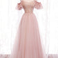 Pink tulle lace long prom dress evening dress  8349