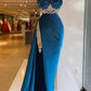 Blue sexy elegant fashion exquisite lace beading long velvet slit floor-length ball gown evening dress gh3413