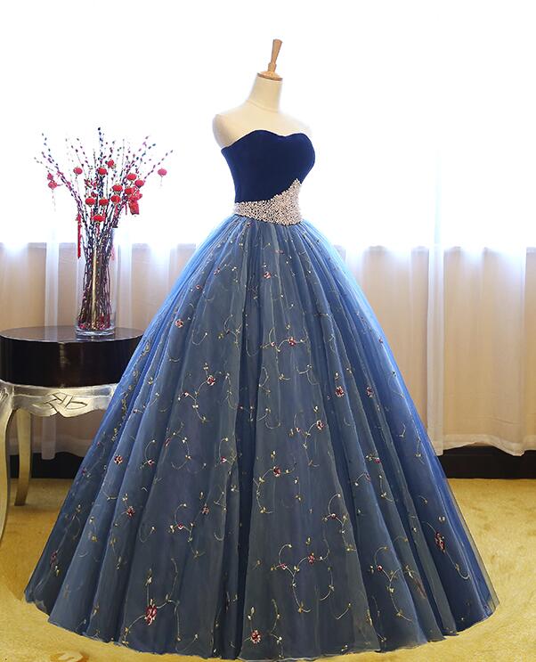 Blaues glänzendes süßes, niedliches, charmantes, exquisites Blumentüll-A-Linien-Abendkleid mit langem Abendkleid für 16-jährige Erwachsene, Zeremoniekleid gh3554