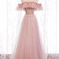 Pink tulle lace long prom dress evening dress  8349