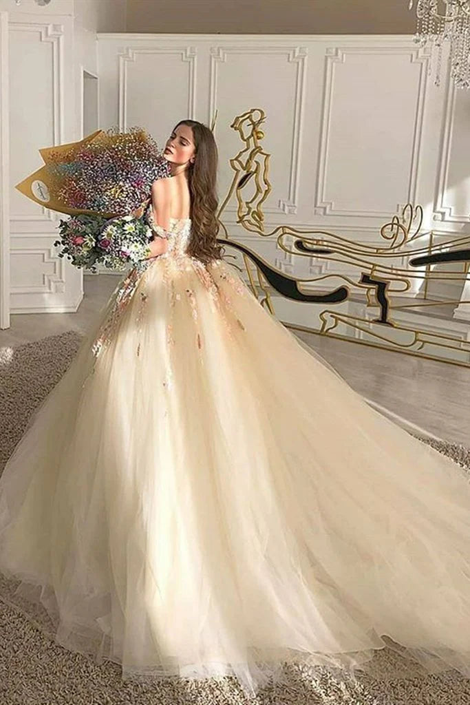 Champagne color gorgeous off shoulder exquisite lace floral applique long elegant ball gown formal evening dress prom dress gh3452