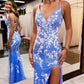 Blue printed embroidered lace V neck long slit ball gown evening dress gh2240