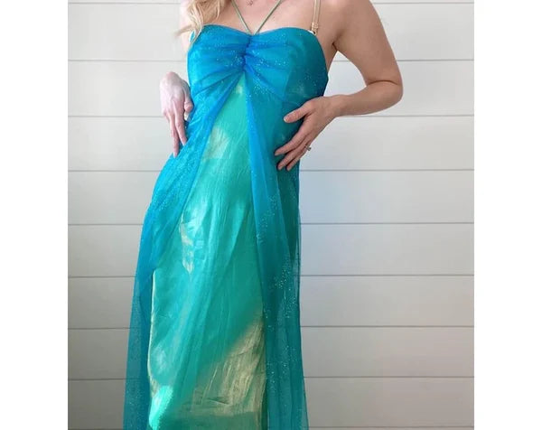 Blau glänzend Mode Farbverlauf Gold Spray Retro elegante Sling lange Tüll Ballkleid Abendkleid Partykleid gh3458