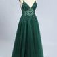 Emerald green beautiful V neck exquisite beading spaghetti straps long tulle handmade custom ball gown evening dress party dress gh2341