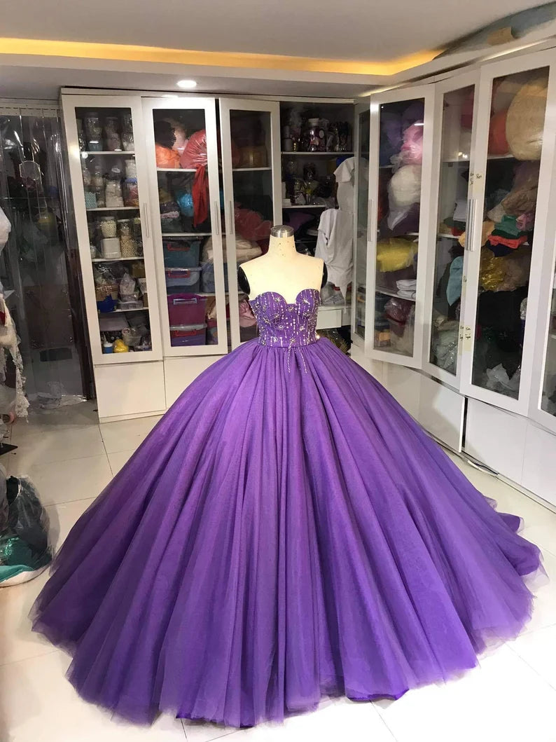 Robe de soirée longue en tulle violet, magnifique et exquise, ornée de perles, à la mode, gh3568