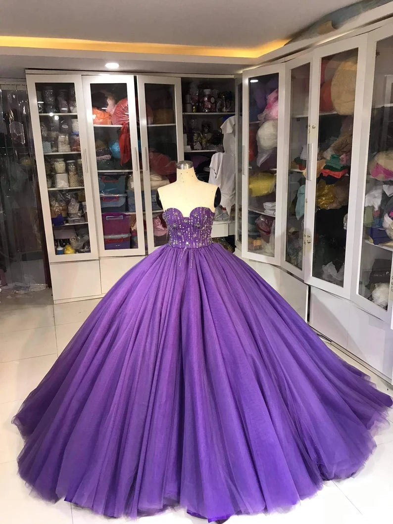 Robe de soirée longue en tulle violet, magnifique et exquise, ornée de perles, à la mode, gh3568
