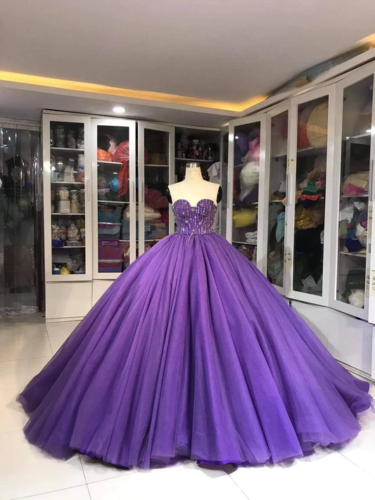 Lila Wunderschöne Exquisite Perlen Lange Tüll Mode Ballkleid Abendkleid gh3568