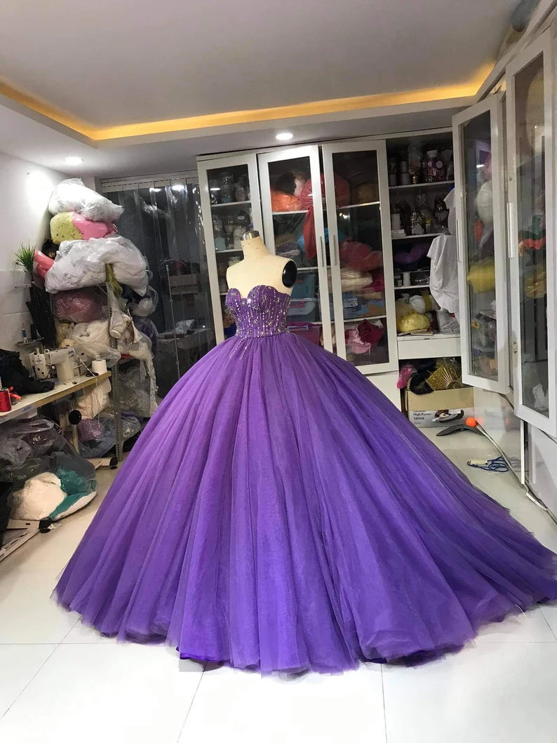 Robe de soirée longue en tulle violet, magnifique et exquise, ornée de perles, à la mode, gh3568